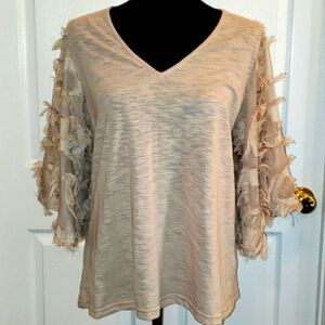 Beige V-Neck Fringe Sleeve Top